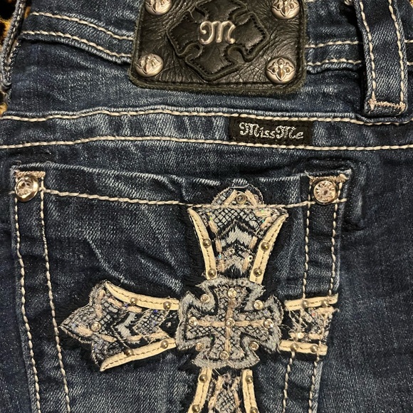 Miss Me Women's Boot Cut Jeans - Dark Blue with Black and White Embellishments - Picture 1 of 6
